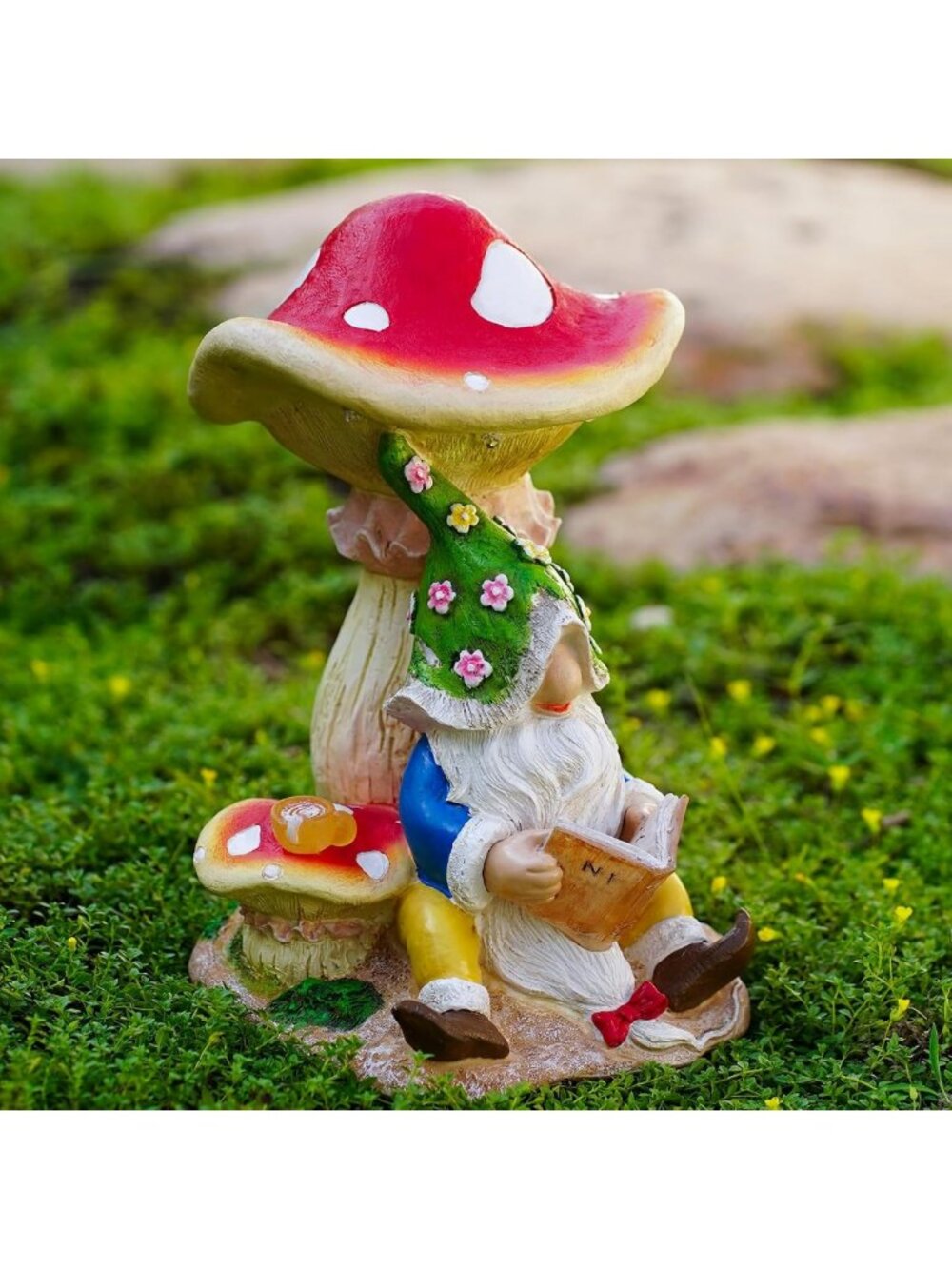 Whimsical Gnome Statue Reading Under Mushroom - 5 LED Outdoor Garden Decor
